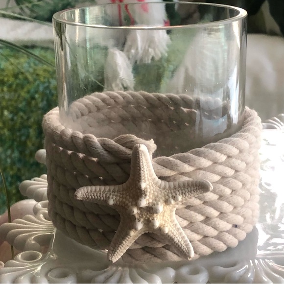 New! Nautical Bleached White Rope Starfish Glass Hurricane - Picture 1 of 6